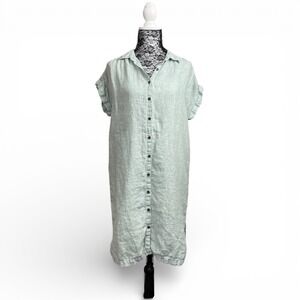 Linen Sage Green Button Front Minimalist Shirt Dress Medium Coastal Capsule